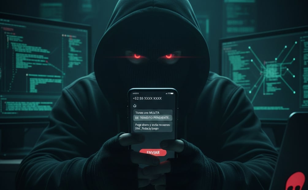 Imagen ilustrativa IA (Los criminales hacen llegar un mensaje vía SMS a las posibles víctimas, en donde les indican haber sido sancionados con una multa de tránsito )