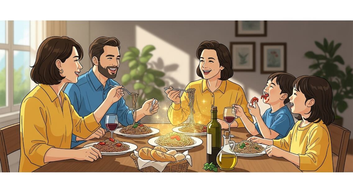 Comer pasta hace feliz a la familia (Foto: Creada con IA)
