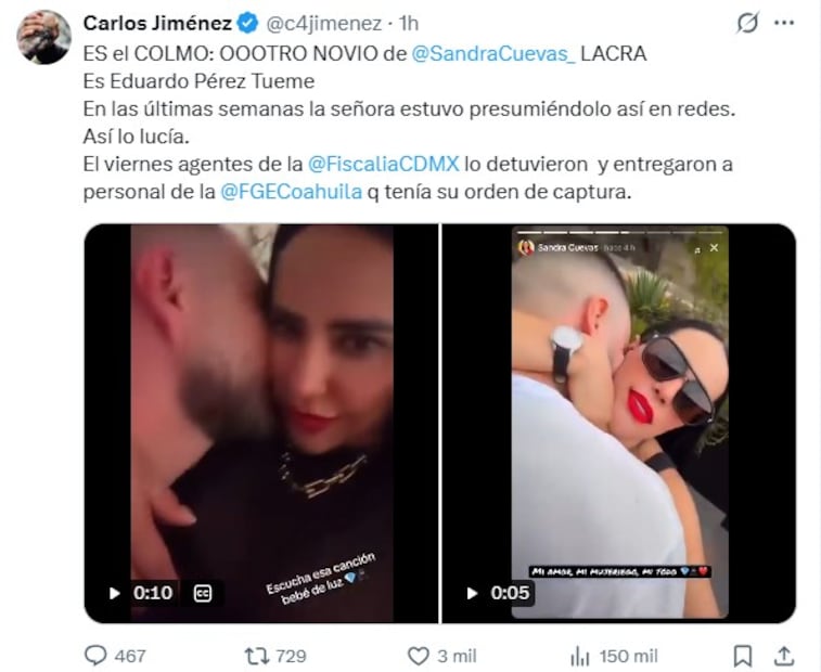 Atoran a otro novio de Sandra Cuevas, lo presumía con tremendo beso en redes. Foto: (Redes Sociales)