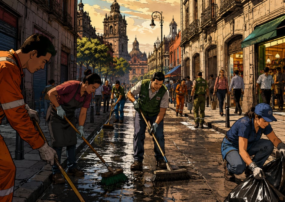 Tequio en Motolinia busca levantar al Centro Histórico tras semanas de plantones (Foto: Creada con IA)