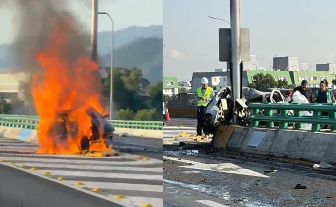 ¡Amanecimos calientes! Se incendia auto después de chocar en el segundo piso por la zona de Tlalpan. Foto: (Especial)