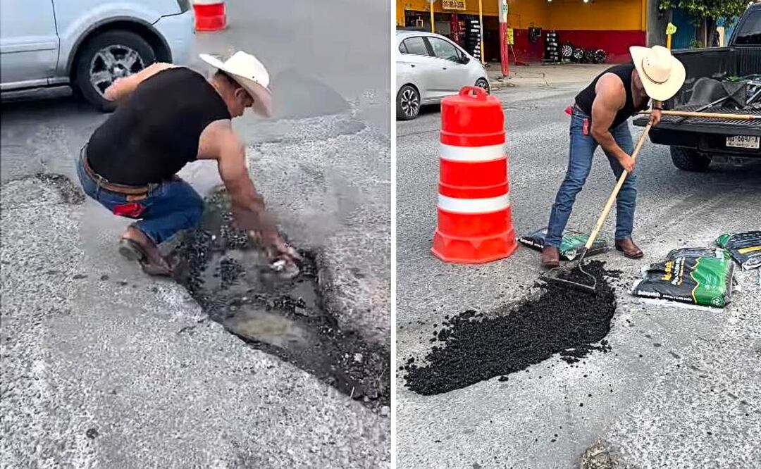 Foto: Redes sociales (“El Potro", el influencer viral que tapa baches en Nuevo León y es solicitado en la CDMX)