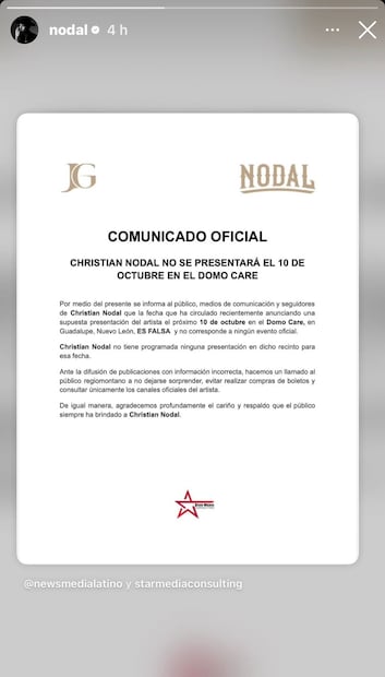 Comunicado Christian Nodal (Vía: Instagram)