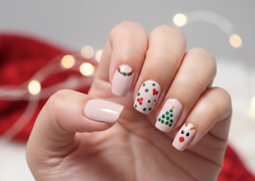 Uñas con esferas y reno (Foto: Creada con IA)