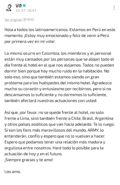 Namjoon pide respeto tras acoso afuera del hotel de BTS en Perú
Foto: Weverse