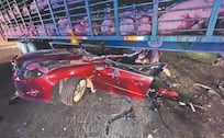 Automovilista a exceso de velocidad se estampa contra un tráiler de cerdos, la libró