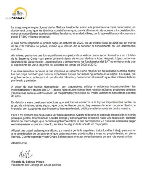 El Gobierno de Sheinbaum desmiente a Salinas Pliego y exige pago millonario. Foto: (X)