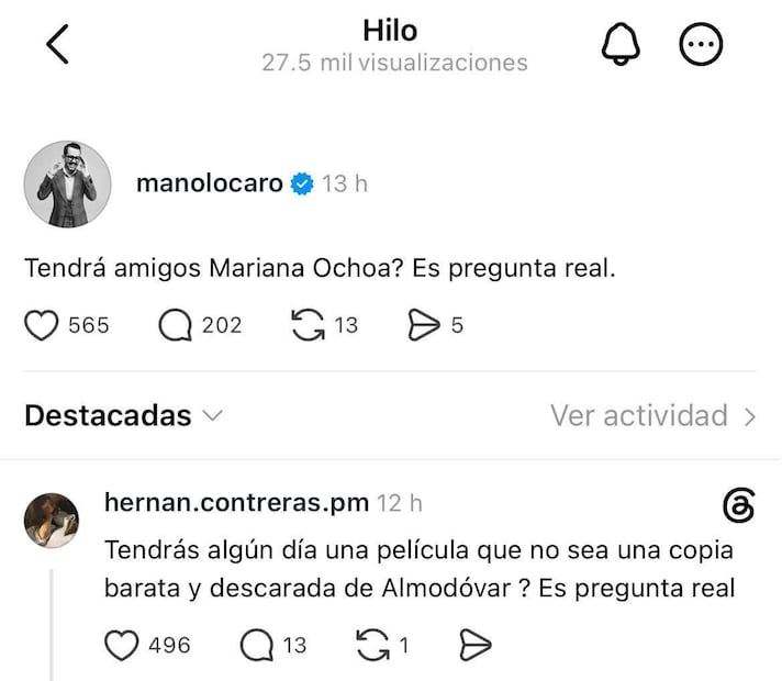 Post y comentario de Manolo Caro (Vía: Threads)