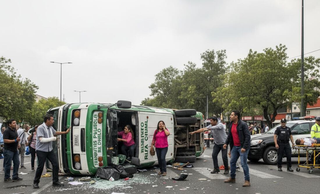Imagen ilustrativa: IA (Jacinta vuelca microbús que conducía y deja heridos ¿cómo evito las rejas?)