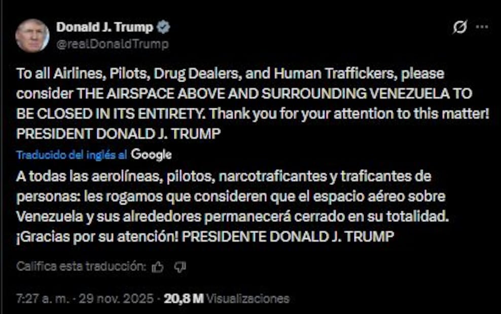 Imagen: X (Donald Trump anuncia cierre de el espacio aereo venezolano)