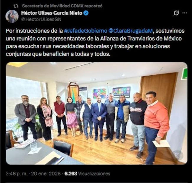 Imagen: X (Héctor Ulises García sostuvo reunion con miembros de la Alianza de Tranviarios de México )