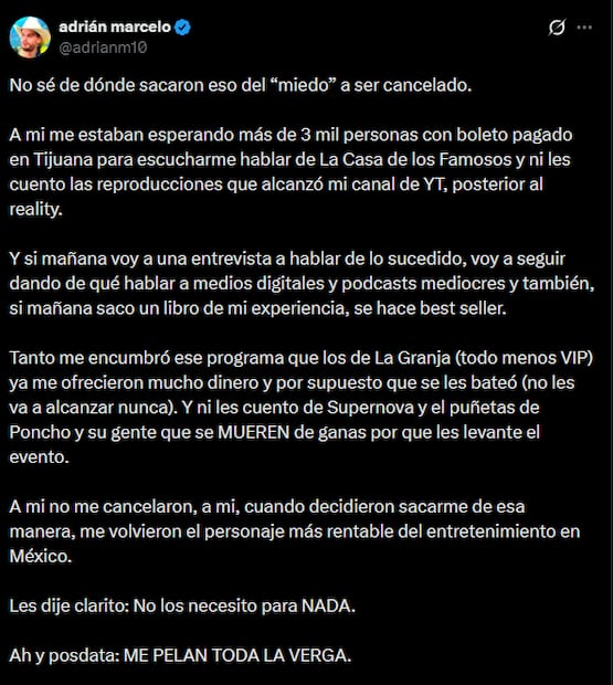 Post de Adrián Marcelo (Vía: X)