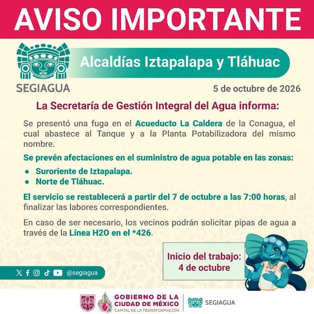 Iztapalapa y Tláhuac anuncia corte de agua. Foto: (Especial)