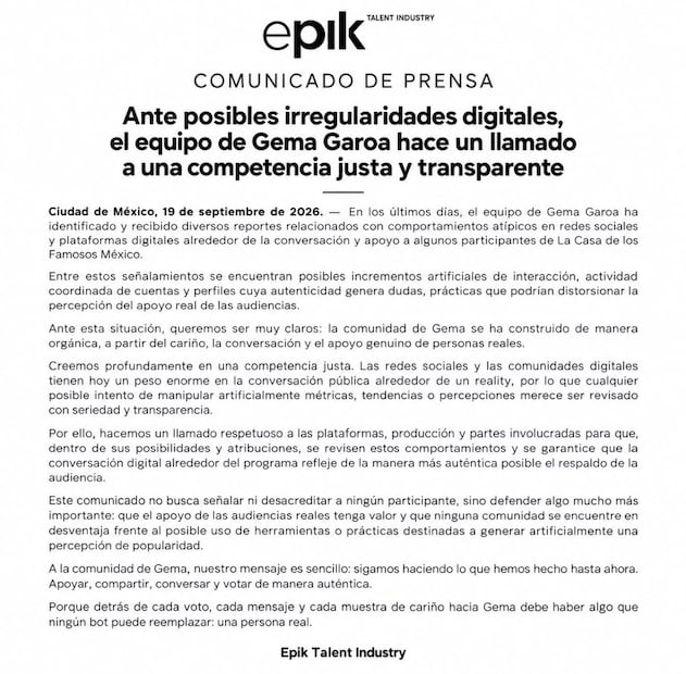 Comunicado equipo de Gema Garoa (Vía: Instagram)
