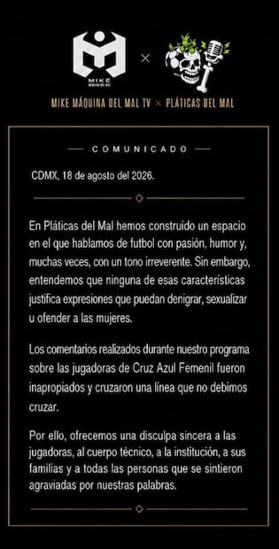 Integrantes del programa “Pláticas del Mal” piden disculpas a jugadoras de Cruz Azul Femenil. Foto: (Redes Sociales)