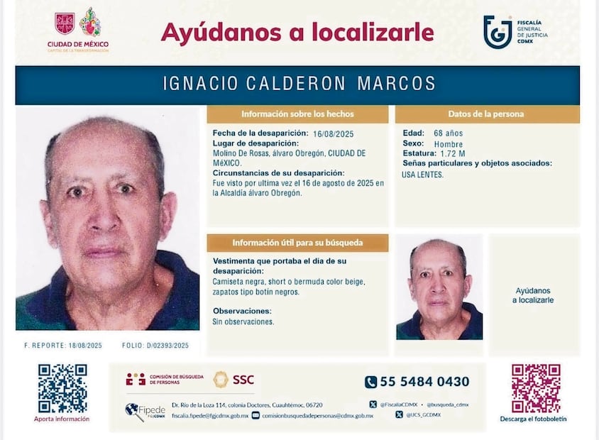 Ficha de búsqueda del señor Ignacio Calderón (Foto: Especial)