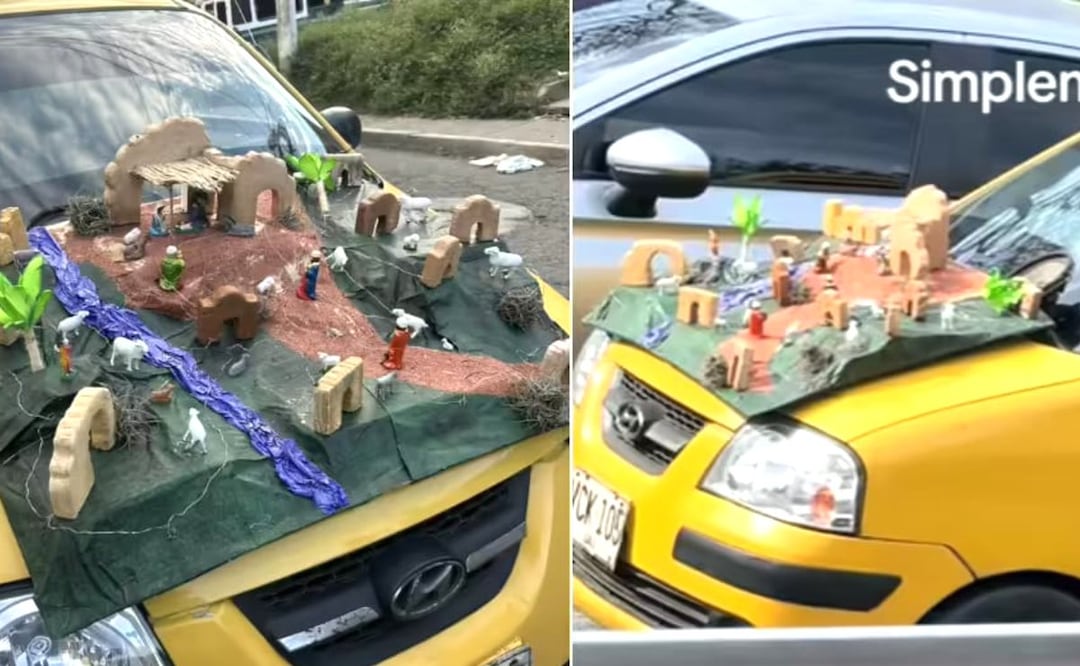 Foto: Especiales (Conductor instala en el cofre de su taxi un pesebre navideño )