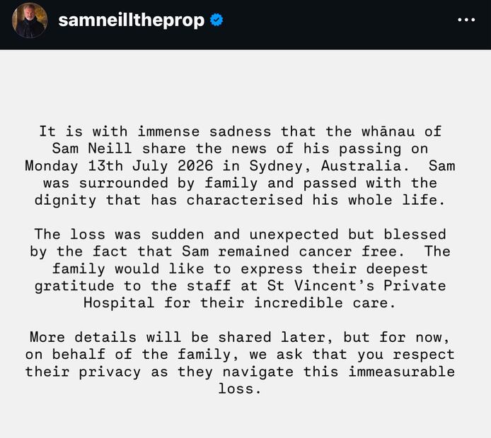 Comunicado de la familia de Sam Neill (Vía: Instagram)