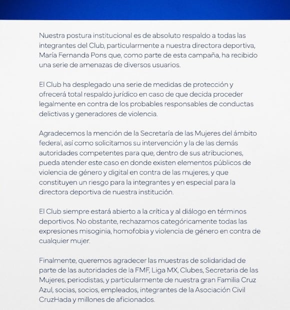Comunicado de Cruz Azul Femenil por ataques a sus jugadoras. Foto: (Cruz Azul)