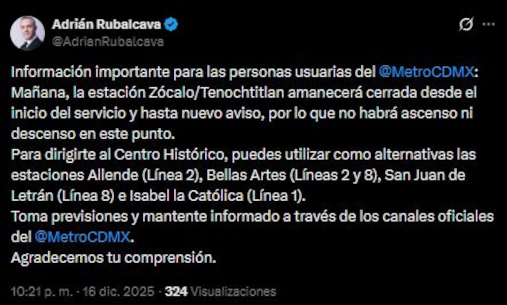 Imagen: Redes sociales (Adrián Rubalcava anuncia cierre de la estación Zócalo)