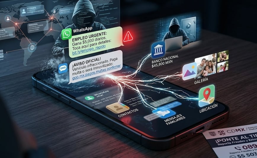 Multas falsas y ofertas de trabajo: Así operan los fraudes por WhatsApp y SMS en CDMX
Imagen: ia