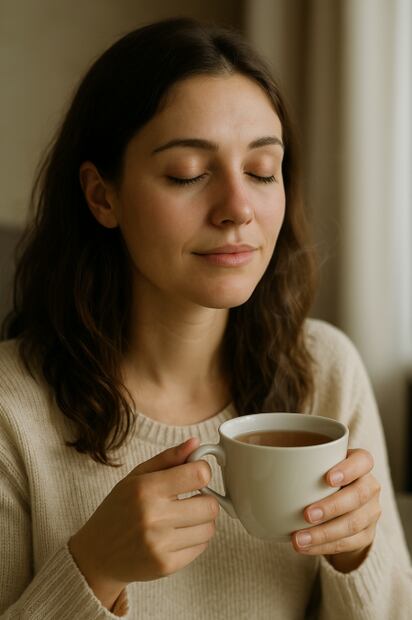 Mujer relajada tomando té (Foto: Creada con IA)