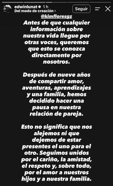 Mensaje de Edwin Luna en Instagram (Vía: Instagram)