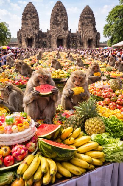 BUFFET DE LOS MONOS – TAILANDIA (FOTO: CREADA CON IA)