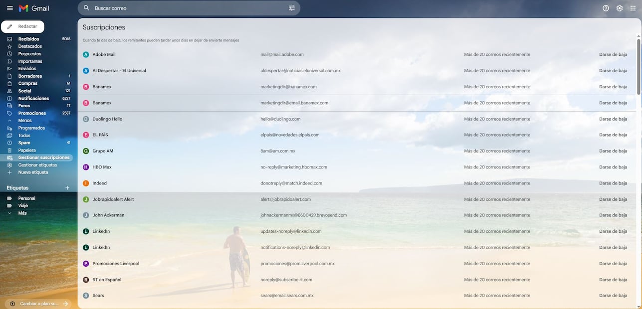 Imagen: Gmail (Con la nueva actualización de Gmail puedes anular las suscripciones de forma rapida)
