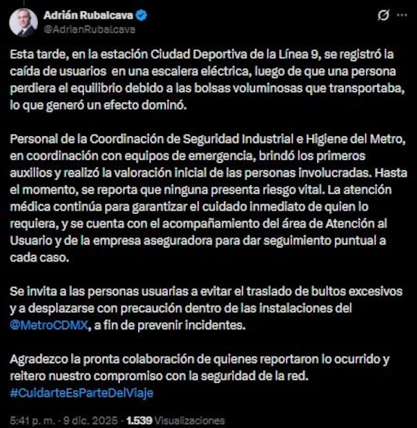 Imagen: Redes sociales (Mensaje de Adrián Rubalcava tras accidente en escaleras del Metro CDMX )