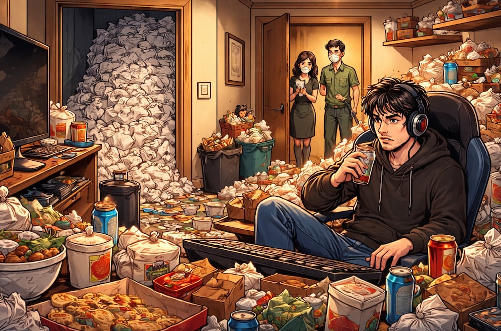 Gamer pasó dos años jugando videojuegos y dejó una escena asquerosa en el hotel en el que se encerró (Foto: Creada con IA)
