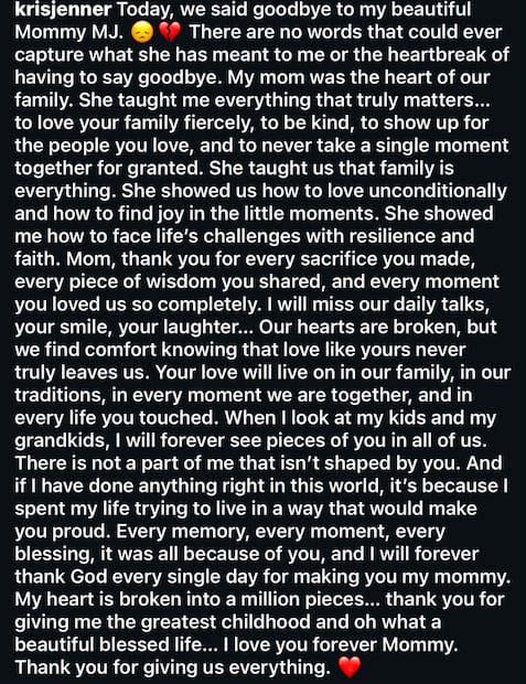 Mensaje de Kris Jenner a su madre (Vía: Instagram)