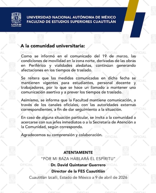 Comunicado de la FES Cuautitlán