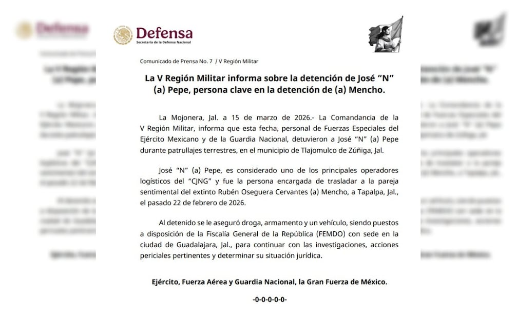 Detienen a “Pepe”, operador del CJNG que coordinó el traslado de la pareja de “El Mencho” a Tapalpa