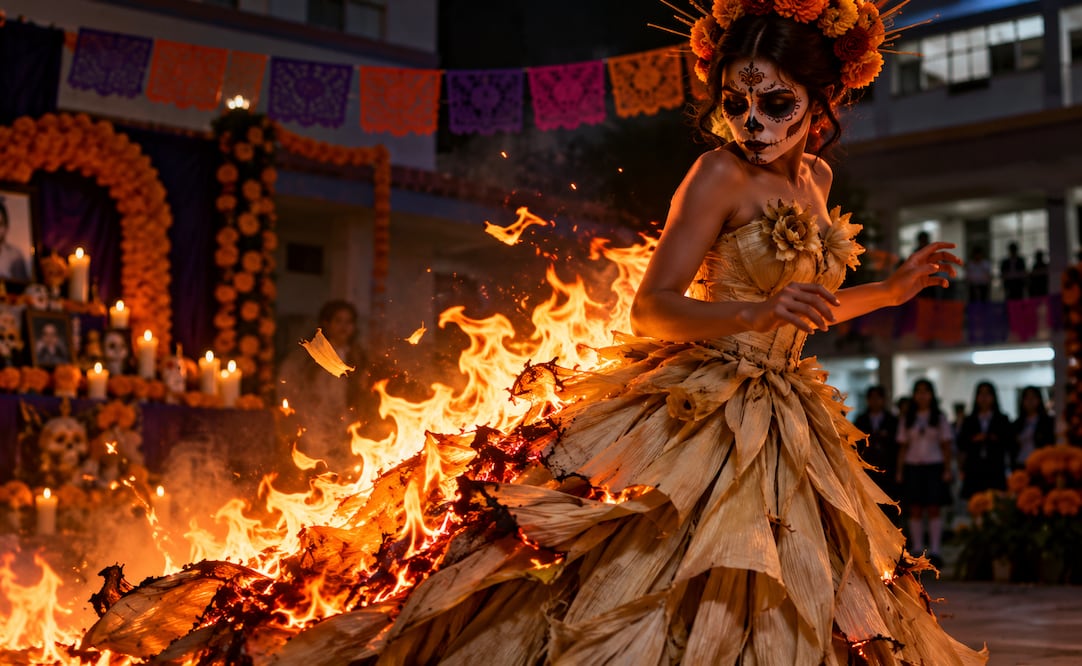 Zaira termina hospitalizada tras incendiarse su vestido de catrina durante un festival de Día de Muertos
Foto: IA