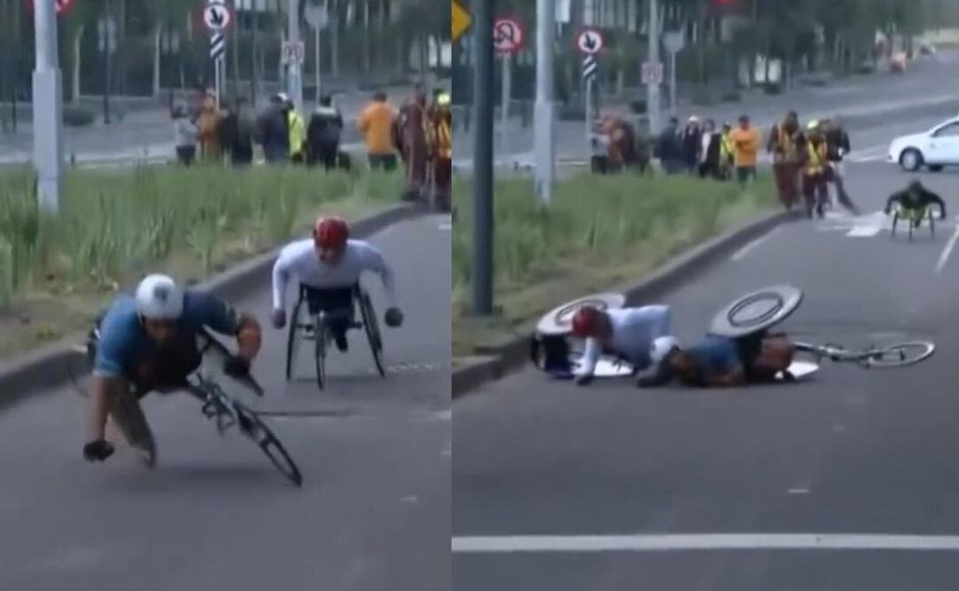 Caen maratonistas en sillas de ruedas por baches. Foto: (Especial)