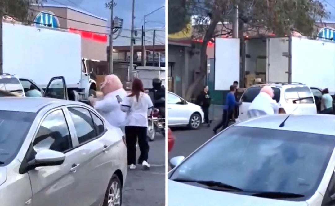 Imagen: X @jorgereportero1 (VIDEO: Botarga del Dr Simi se vuelve viral por ayudar a empujar un coche con fallas mecánicas)