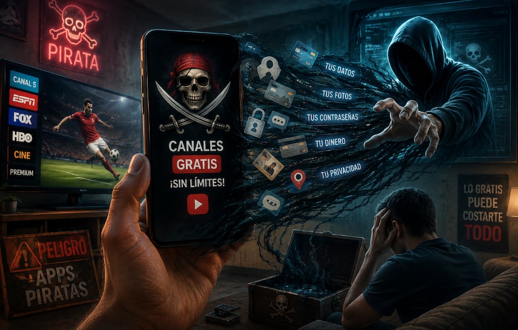 Apps piratas para ver canales gratis esconderían una trampa, expertos alertan por robo de datos (Foto: Creada con IA)