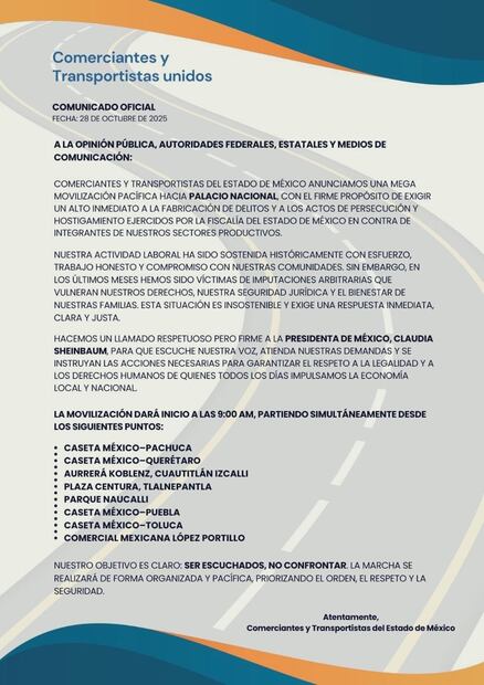 Imagen: Especiales (Comunicado sobre el bloqueo de transportistas)