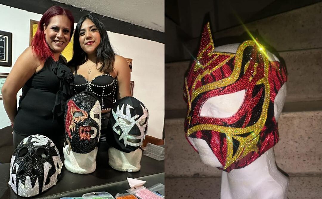 Con brillos y elegancia Vania y Scarlett adornan con pedrería máscaras de luchadores