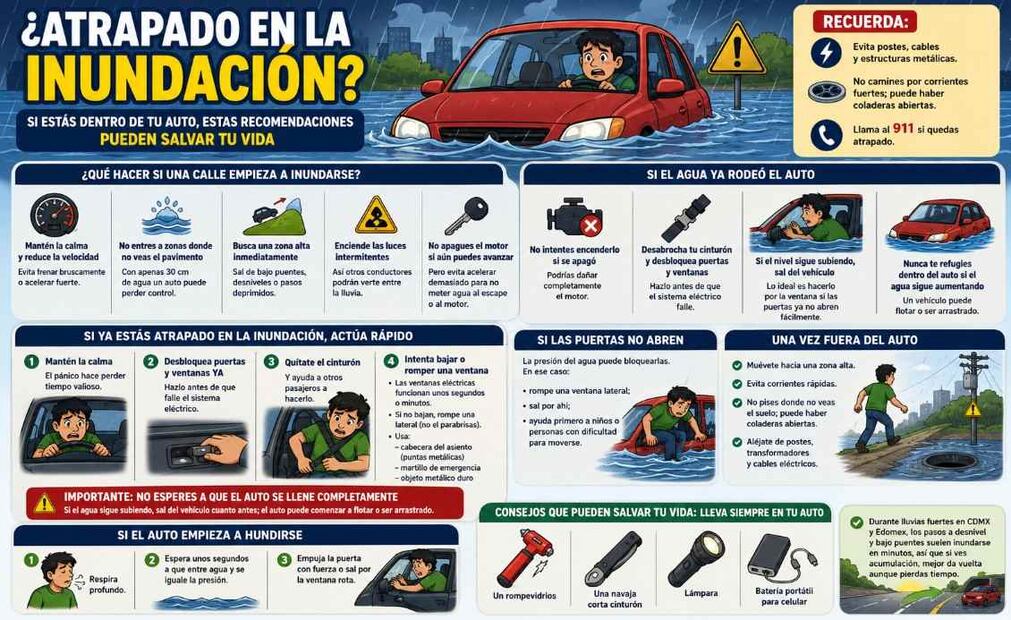 ¿Tu auto quedó atrapado en una inundación? Esto debes hacer para sobrevivir y evitar una tragedia. Foto: (IA)