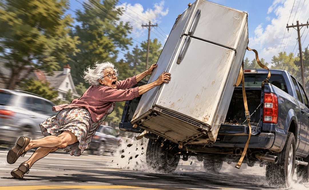 ¡El refrigerador salió volando! Abuelita lo pierde en plena mudanza en Coahuila. Foto: IA