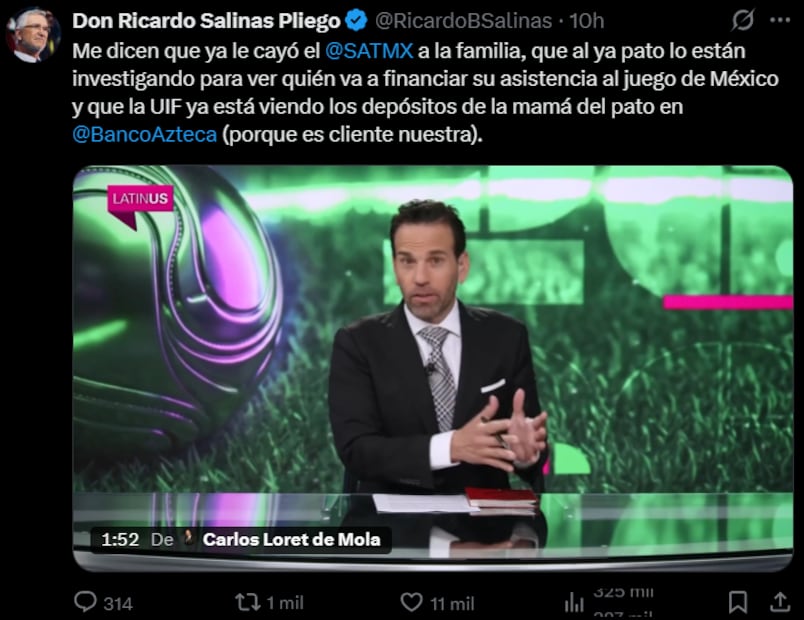 El SAT ya investiga al Pato Merlín y las cuentas de su familia, Salinas Pliego lo invitó al estadio. Foto: (Redes Sociales)