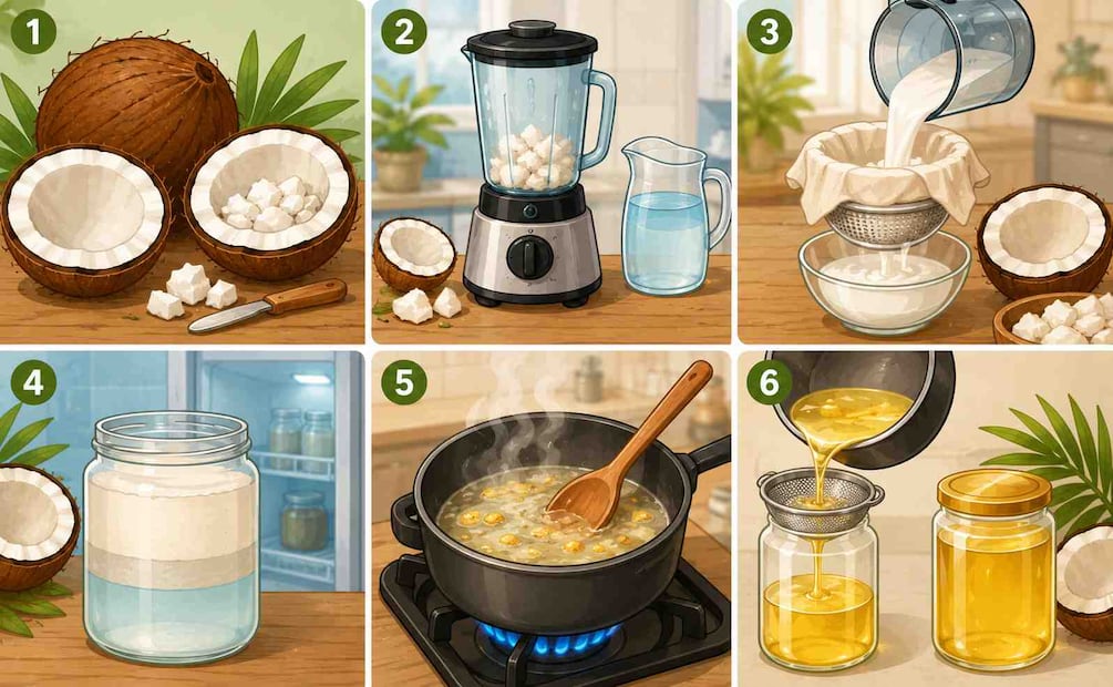 ¿Cómo hacer aceite de coco en casa? La receta fácil, sus beneficios, riesgos y todo lo que debes saber. Foto: (IA)