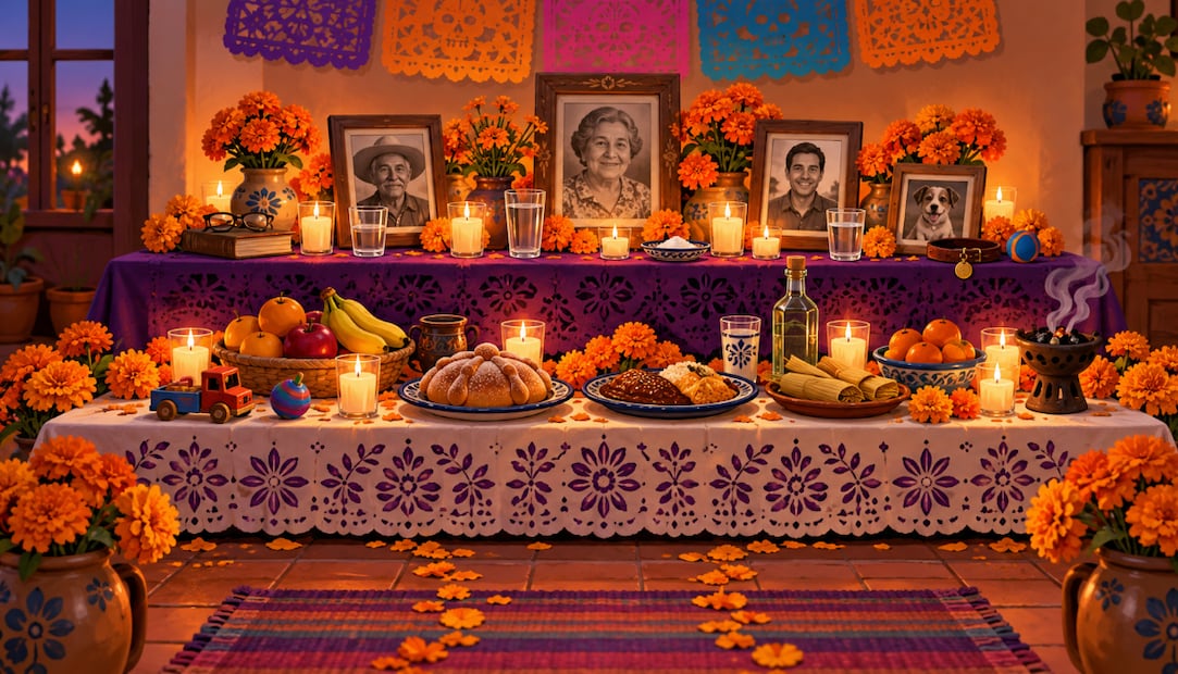 Elementos para la ofrenda del Día de Muertos (Foto: Creada con IA)