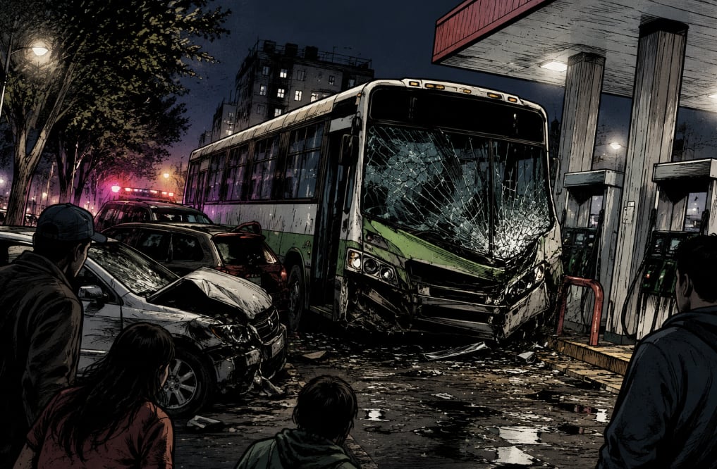 Camión sin frenos arrasa con 12 autos y termina incrustado en gasolinera de Álvaro Obregón (Foto: Creada con IA)