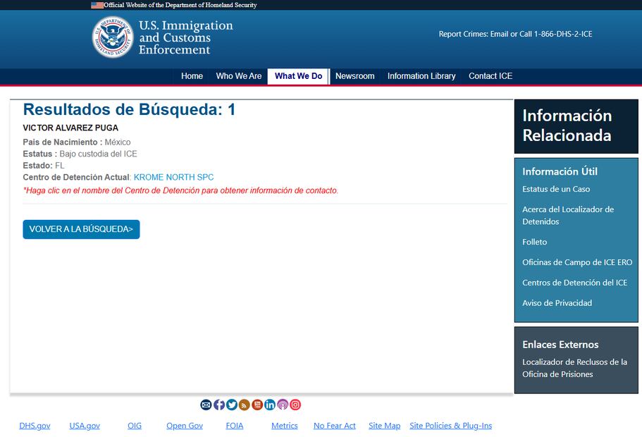 Ficha de detención de Víctor Álvarez Puga. Foto: Captura de pantalla (U.S. Inmigration and Customs Enforcement)