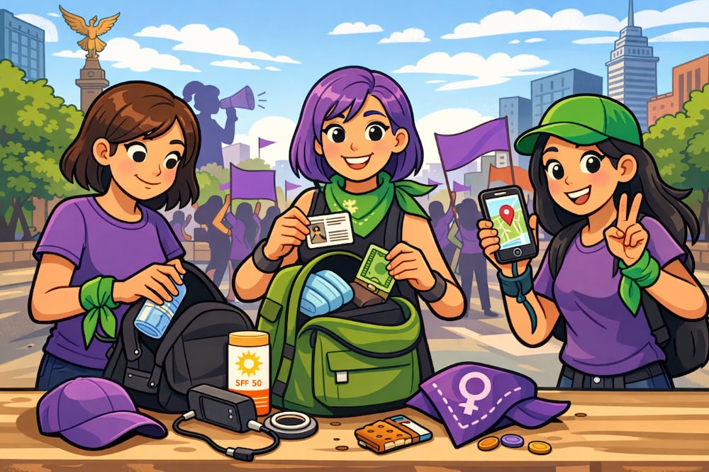 8M 2026: ¿Es tu primera vez en la marcha? Esto es lo que sí y lo que no debes llevar en tu mochila (Foto: Creada con IA)