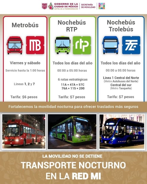Transportes nocturnos en la CDMX: Rutas, horarios y costos. Foto: (Secretaría de Movilidad)