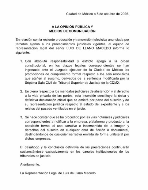 Comunicado de Luis de Llano (Vía: X)